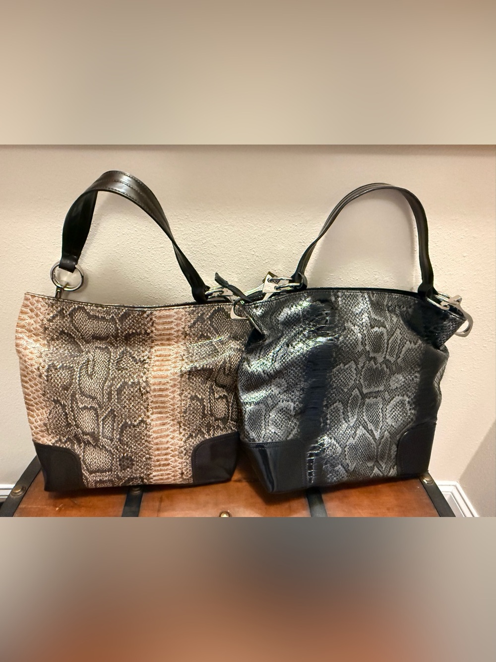 Snake-Print Tote Bags in Brown and Black